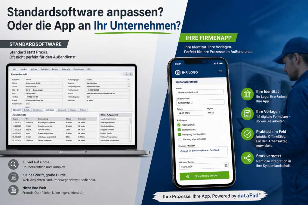 Machen Sie die dataPad App zur Firmenapp: mit eigenem Design, individuellen Formularen und mobilen digitalen Prozessen für Außendienst und Vor-Ort-Dokumentation – Powered by dataPad®.