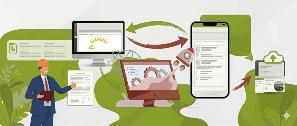 Illustrierter digitaler Workflow: Ein Facharbeiter verbindet Desktop-Software (IGEL-Sonne) über Pfeilsymbole mit einer mobilen App auf einem Smartphone und einem Cloud-Backend. Modernes Flat-Design in Grün- und Brauntönen ohne Text, das den nahtlosen Datenaustausch und Projektstart symbolisiert.
