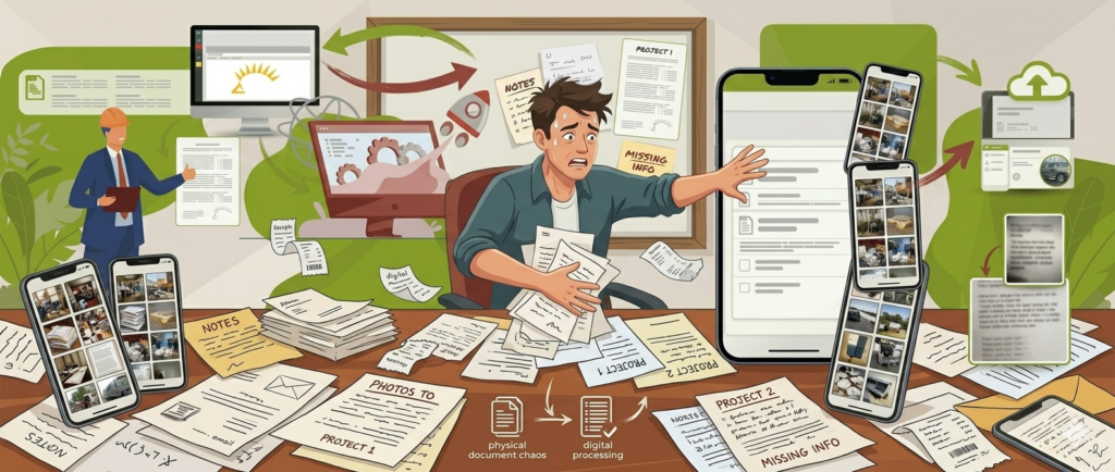 Ein chaotischer Schreibtisch voller Zettel, Smartphones mit Fotos und eine verzweifelte Person, die manuell versucht, alles analog und digital zusammenzuführen.